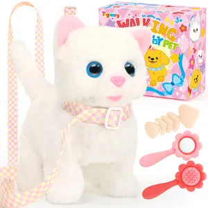 Plush Electronic Toy Cat That Walks and Meows Tail Wagging Interactive Toy with Leash Realistic Design Cute Plush Cat for Easter Christmas Birthday Gift