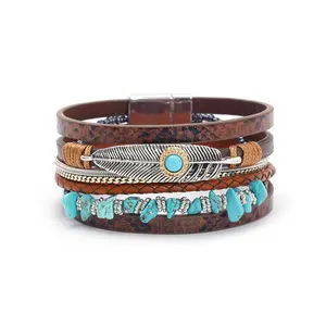 Bohemian-Style Women's Leather Bracelet — Creative Vintage Design Featuring Crushed Stones, Feathers, and Turquoise with a Magnetic Clasp, Bracelets For Women