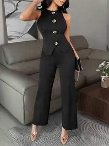 Women's  Sleeveless Top & Wide-Leg Pants 2-Piece Set Suits - Gold Button Accent Formal/Cocktail Outfit