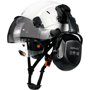 Carbon Fiber Look Hard Hat with Visor and Ear Muffs, 6-Point Suspension Safety Helmet for Construction Industrial Work at Height, Matte White with Dual Clear & Tinted Visors