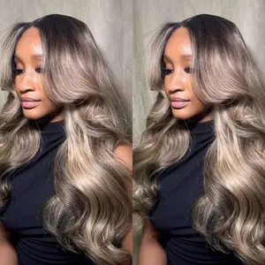 HANA HAIR 13x6 HD Lace Front Wig, 12A Grade Raw Body Wave, 200% Density, 32-in Pre-Plucked, Vibrant Soft Tangle-Free Ombre Gray Ash Blonde with Short Roots for Women’s Daily Wear