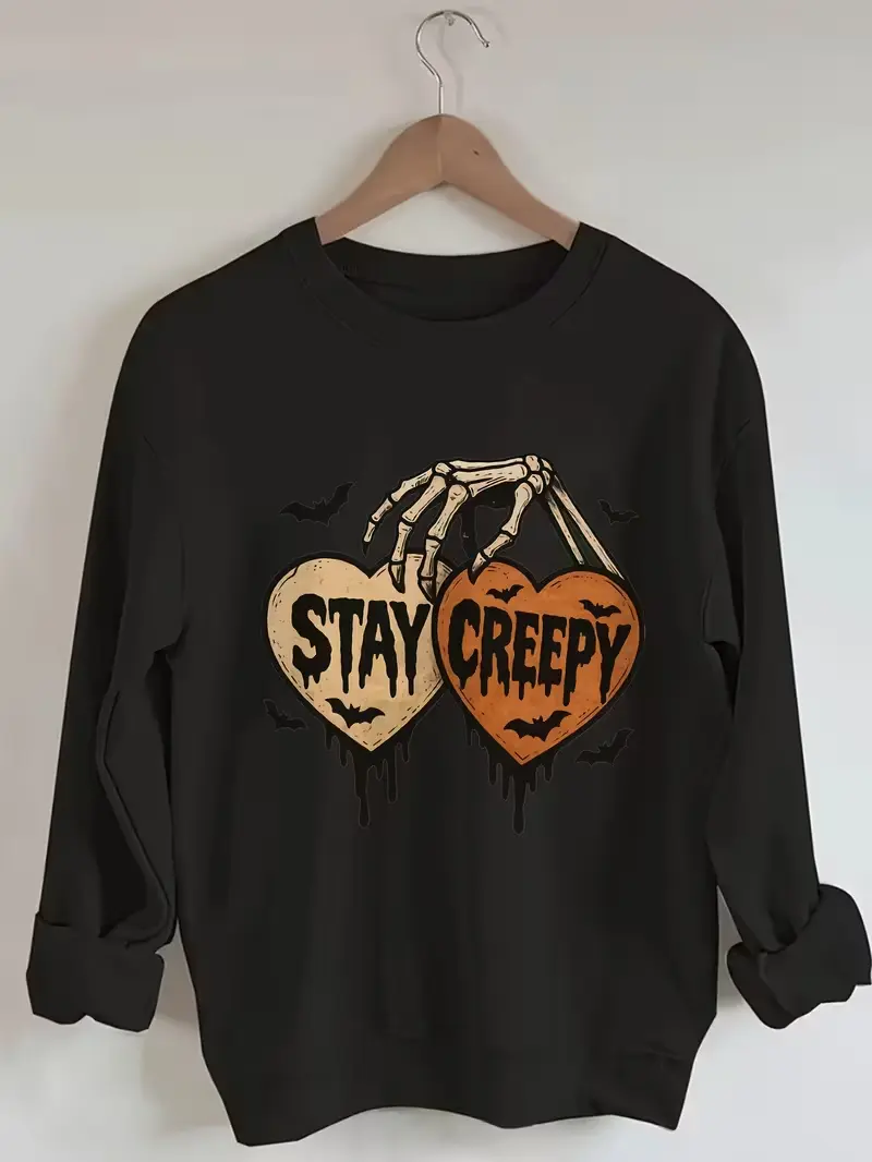 Stay Creepy Skeleton Hand Double Hearts Chest Print Fleece Crewneck Sweatshirt, Retro Halloween Casual Long‑Sleeve Pullover, Daily Holiday Gift
