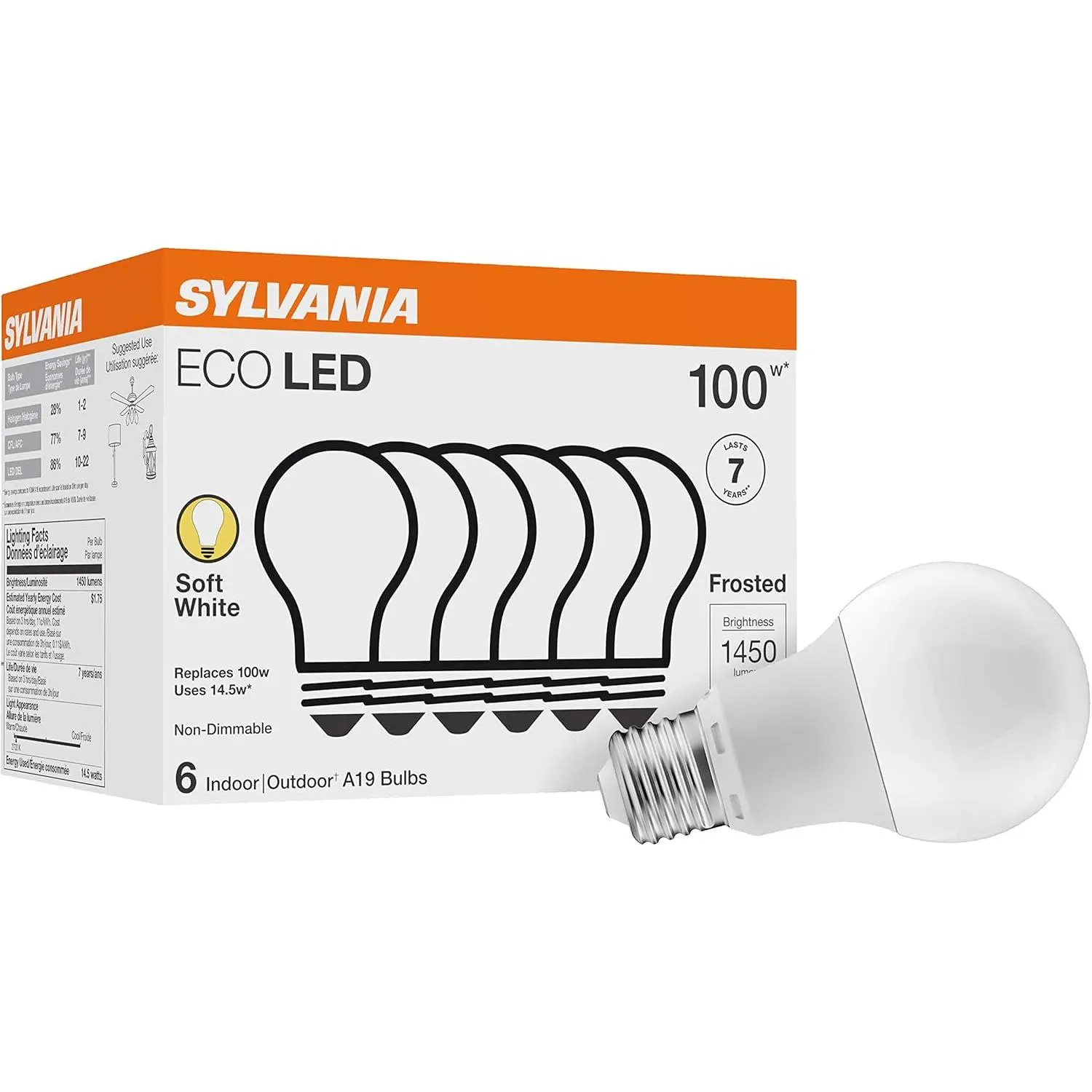 Sylvania ECO LED A19 Light Bulb, 100W Equivalent, Efficient 14.5W, 7 Year, 1450 Lumens, Non-Dimmable, Frosted, 2700K, Soft White - 6 Pack (40885)