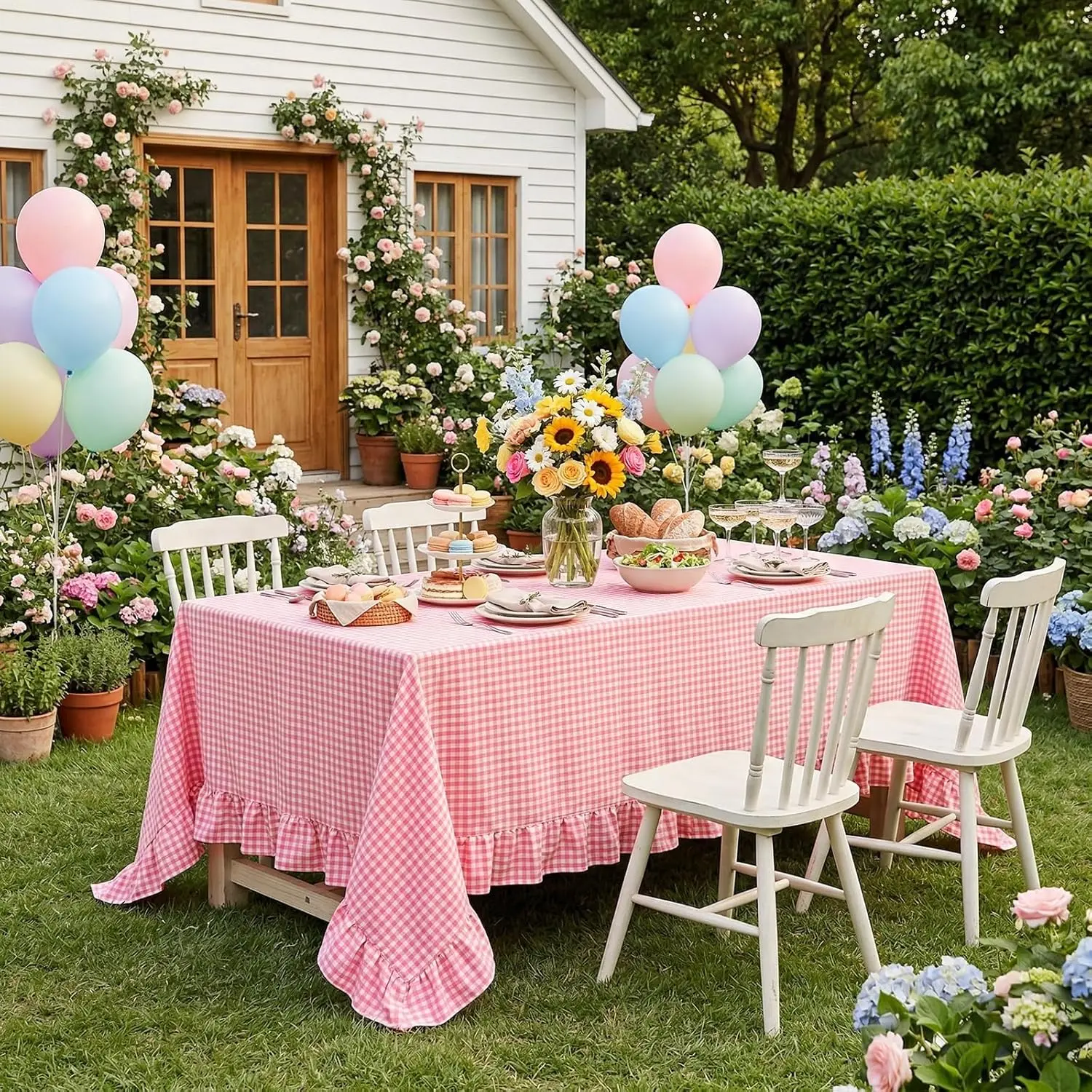 SquarePie Pink Gingham Ruffled Tablecloth, 52 x 70 Inch 100% Washed Cotton Checkered Table Cloth for Rectangle Table Seat 4-6, Vintage Farmhouse Plaid Decorative Table Cover for Dining,