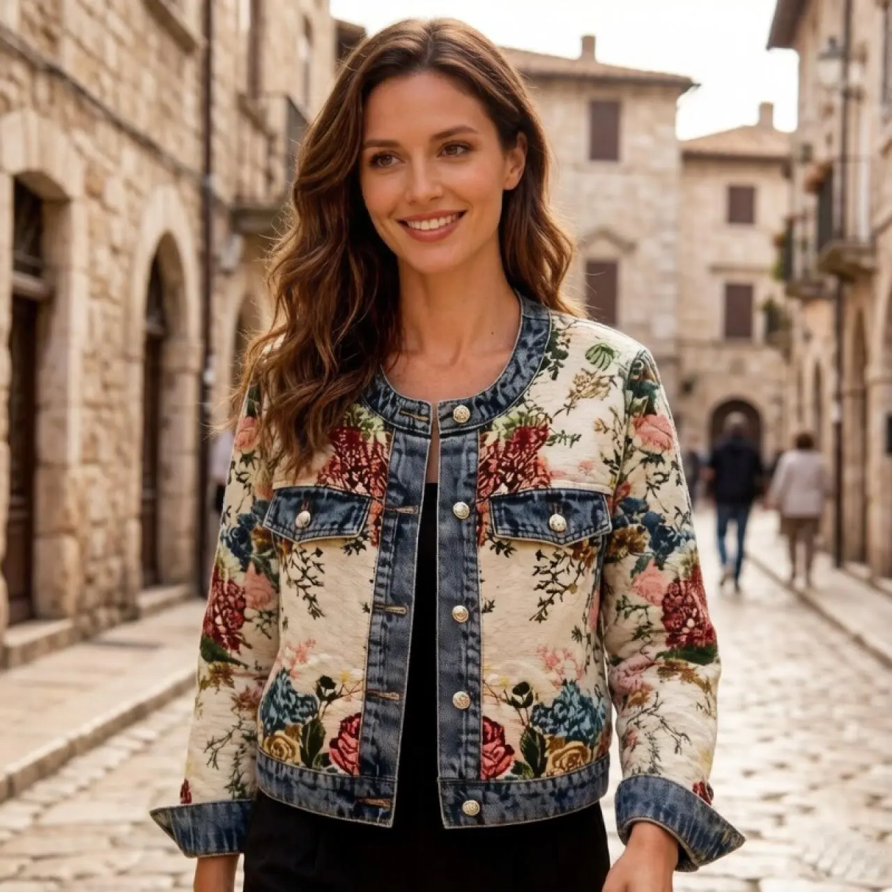 Women's Retro Denim Jacket - Elevated Casual Cropped Long-Sleeve Round Neck Outerwear with Jacquard Print, Patchwork, Raw Hem, Button Closure