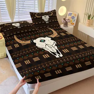 NO COMFORTER Multiple Size Southwestern Aztec Cow Skull Fitted Sheet Set, Elastic Deep Pocket, Stretchy Breathable, 100% Microfiber, Machine Washable, All Season Use, Rustic Western Bedroom Decor