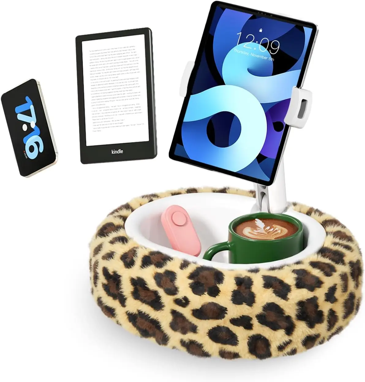Leopard Adjustable Tablet Stand Pillow with Detachable Snack Bowl - Phone, Kindle, iPad Holder for Reading, Watching Videos