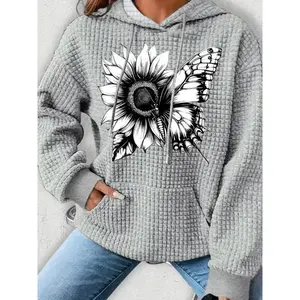 Women’s Oversized Hoodie with Sunflower Print, Casual Autumn & Winter Fitted Pullover, Drawstring Pocket Design, Knit Fabric