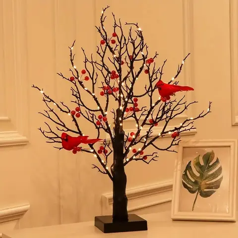 Vintage Style Art Deco LED Tree Light - 5-in-1 Battery-Operated Warm Lights, Red Birds & Red Berries, Bedroom Decor, Christmas Ornaments, Living Room Festive Memorial Gift, Cardinal Christmas Decor