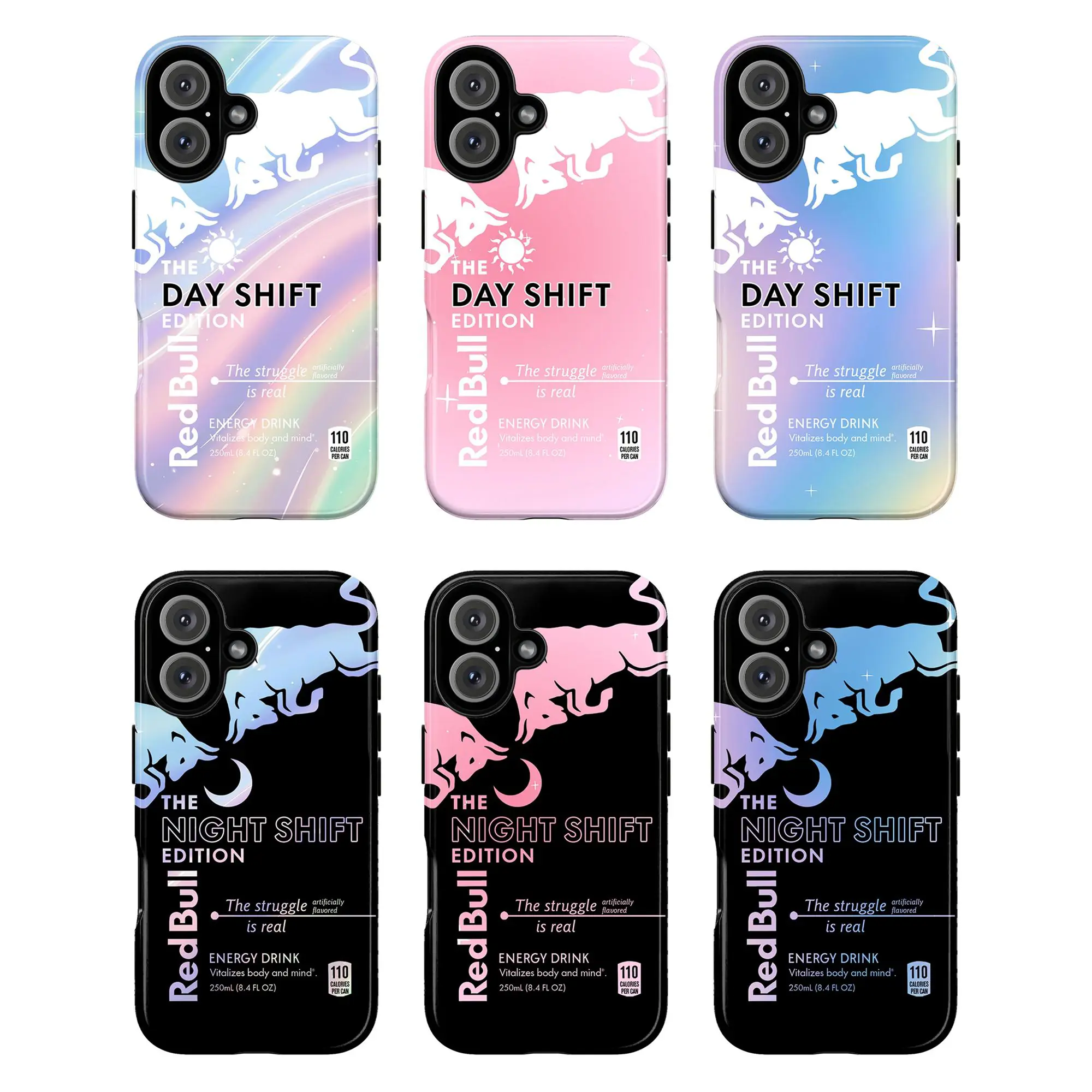 Day Night Shift Energy Drinks Inspired Limited Edition Phone Case, Gradient Pastel Blue Pink Yellow Green Neon Edition Night Shift Edition Retro Energy Drink Design iPhone 17 16 15 14 13 12 Pro Max Plus X, Galaxy S25 S24 S23
