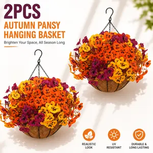 2PCS Autumn Pansy Hanging Baskets – Decorative Faux Flower, UV Resistant Outdoor Artificial Flower Bundles, Lifelike Fall Hanging Planters, Vibrant Seasonal Porch Decor for Patio, Balcony, Garden & Front Door