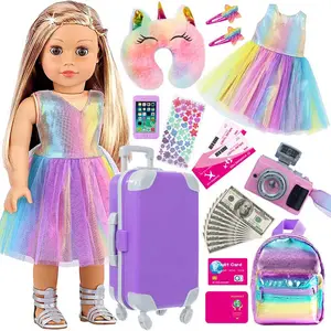 DEARBEI Rainbow Dress Doll Set with Unicorn Pillow, Travel Luggage, Camera, and Accessories for Kids Play（No dolls）