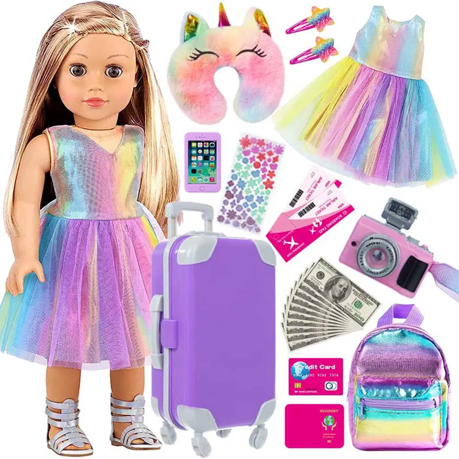 DEARBEI Doll Accessories Playset - Rainbow Dress, Unicorn Pillow, Travel Luggage, Camera & More for Imaginative Play (No Dolls) | Girl Toy, Encourages Creativity, Little Gifts for Girls