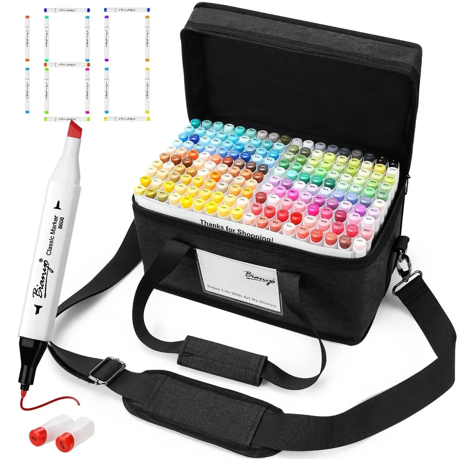 Bianyo Dual Tip Pens - 36/72/180-Color Alcohol Markers with Fine & Chisel Tips, Self-Adhesive Labels, Canvas Travel Case & Build Your Own Coloring Book Set for Artists, Colorful Marker Set