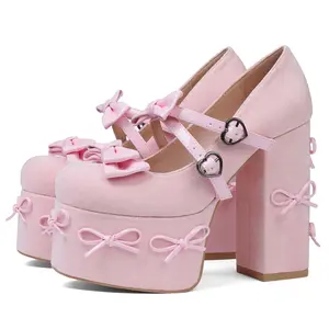 Platform Bow Mary Jane Shoes for Women Cute Buckle High Chunky Heel Cute Suede Dress Shoes Goth Pumps Shoes Uniform Oxfords Outdoor Girl