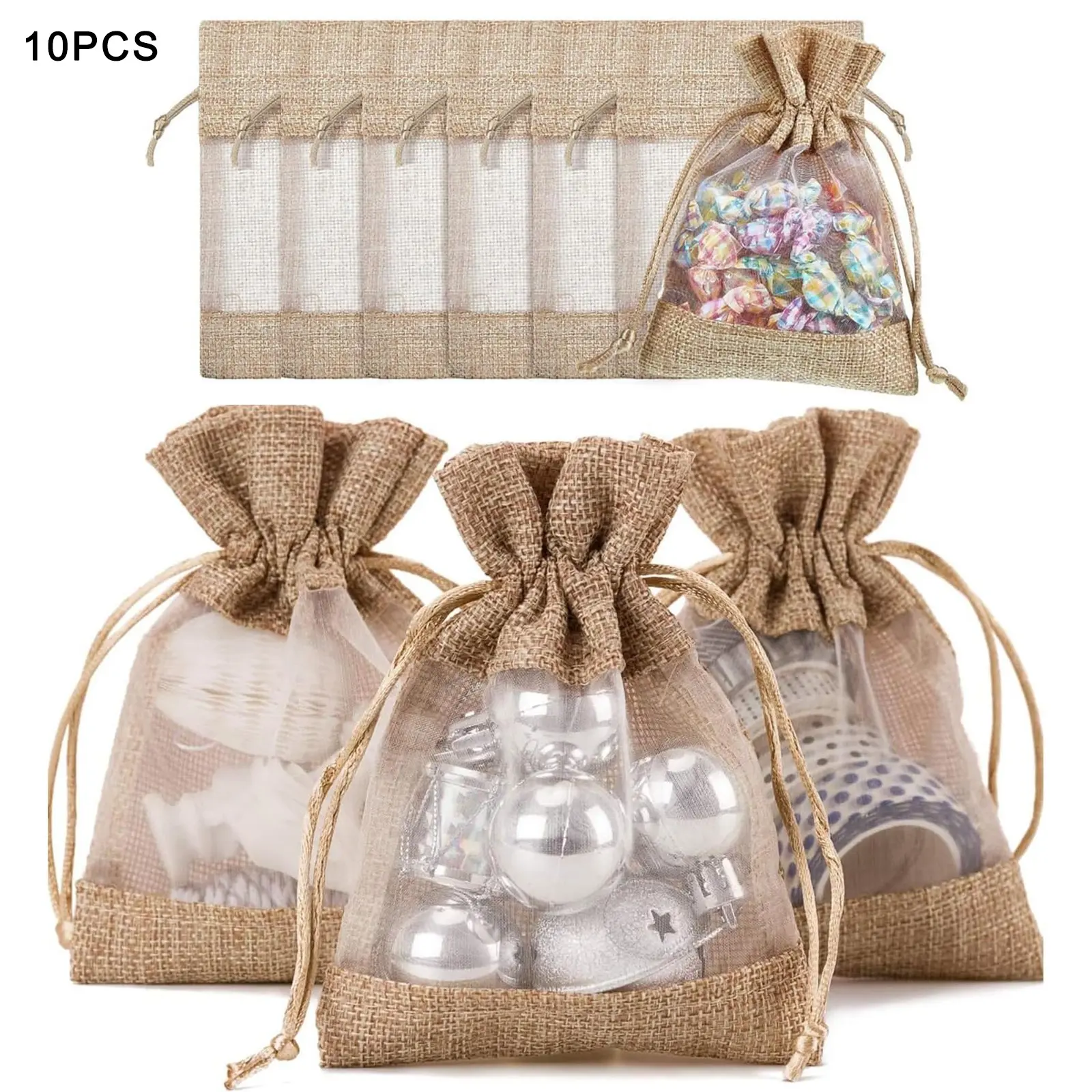 10 Pcs Linen Burlap Drawstring Gift Bags, Organza Therapy Bags, Jewelry Bags, for Weddings, Wedding Party Supply, Grad Party Favors, Party Gifts, DIY Crafts, Gifts, Samples and Therapy of Mesh Bags