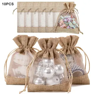 10 Pcs Linen Burlap Drawstring Gift Bags, Organza Therapy Bags, Jewelry Bags, for Weddings, Party Gifts, DIY Crafts, Gifts, Samples and Therapy of Mesh Bags