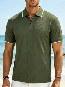 Knitted Zipper Polo Shirt Summer Men's Summer 2026 Fashion New in Simple Retro Loose Fit Zipper Design, Plain Pattern, Short Sleeve
