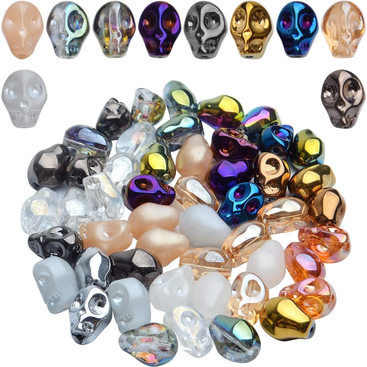 50pcs Multicolored Glass Skull Bead Jewelry Making Beads, 10x8x1.5mm
