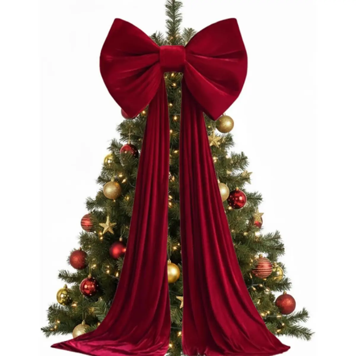 Large Red Velvet Christmas Tree Bow with Long Ribbon Tails, 1 Piece, Holiday Decoration for Doors and Walls