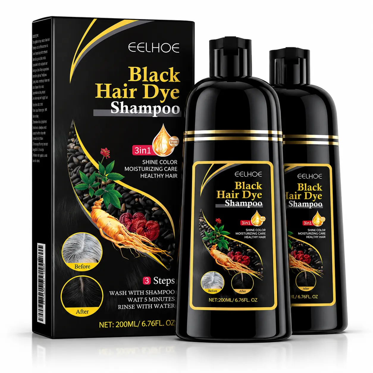 3 in 1 Black Hair Dye Shampoo for Gray Hair Coverage, 200ml Natural Black Hair Coloring Shampoo for Men & Women, Easy Use Hair Color Shampoo, Black Hair Dye Shampoo
