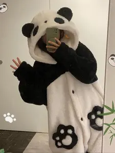 1pcs Women's Winter Cartoon Panda Pajamas Set, Flannel TV Blanket Loungewear, Long Thick Couple Sleepwear Gift for Thanksgiving Christmas