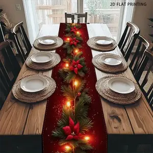 Christmas Table Runner, Pine Branch Print & Warm Color Lights Design, Festive Home Decor for Dining Room, Kitchen, Office, Holiday Decoration