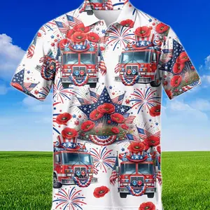 Patriotic Fire Truck American Flag Polo Shirt for Men, USA Golf Shirt, Independence Day 250th Anniversary Gift for Him