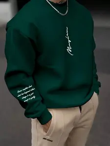 Men's Letter Print Hoodie, Fitted Long Sleeve Breathable Round Neck Casual Wear, Spring & Fall Fashion, Perfect for Daily Use