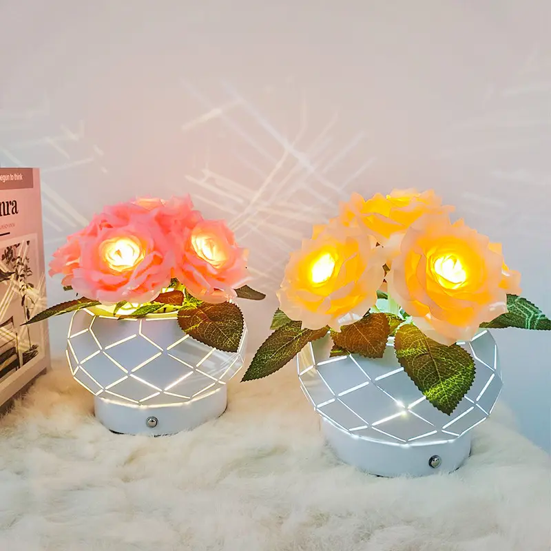 Rose Flower Pot Lamp LED Bedside Table Lamp with Dimmable Features, Decorative Artificial Flowers for Home Decor stylish lighting room color