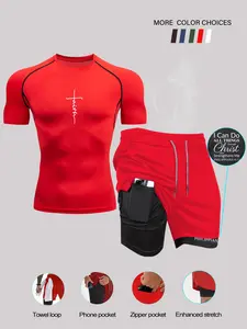 Men's Sporty Tight-Fit Quick-Dry Tee & Multi-Pocket Shorts Set, Athletic Sports Clothing, Ideal for Gym Running Training Fitness, Summer Outdoor Activities