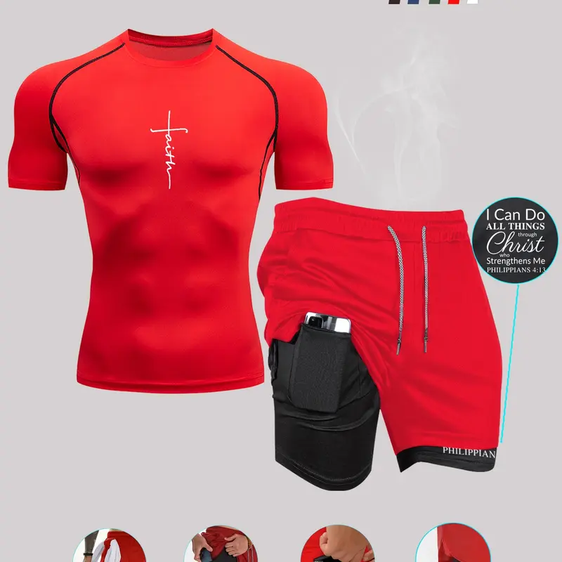 Men's Sporty Tight-Fit Quick-Dry Tee & Multi-Pocket Shorts Set, Ideal for Gym Running Training Fitness, Summer Outdoor Activities, Athletic Workout Clothing, Exercise Clothing, Summer Fitness Outfit