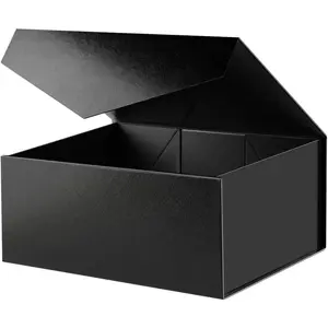 Gift Box 9x6.5x3.8 Inches, Black Groomsman Collapsible Box with Magnetic Closure Lid for Gift Packaging (Glossy Black with Grass Texture)