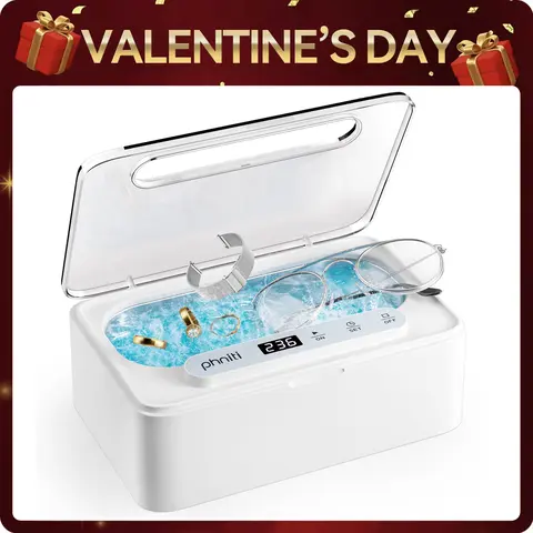 Phniti 48KHz Ultrasonic Jewelry Cleaner Machine - 304 Steel Tank, Touch Control, Dual Cleaning Modes, Durable Compact Silver Equipment, Deep Clean, Deep Shine Before Event, Home Counter Use (Eyeglasses, Dentures, Watch Strap Compatible)