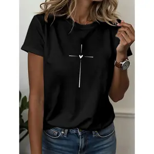 Womens Casual Graphic Tee Short Sleeve Crew Neck Loose Fit Soft Cotton Blend Minimalist Cross Heart Print T Shirt Cute Everyday Summer Top