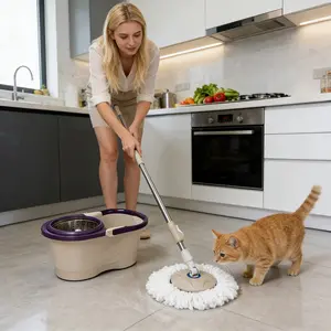 1 Set 360 Degree Spin Mop and Bucket System with 2 Microfiber Heads, Replaceable Head Mops, Hands-Free Rotating Floor Cleaner for Hardwood Tile Laminate, Khaki Large Mop with Stainless Steel Wringer Basket, Adjustable Long Handle for Home Kitchen