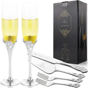 Wedding Cake Knife and Server Set, Heart Shaped Mr and Mrs Champagne Flutes with Cake Cutting Set for Wedding Bridal Shower Gifts (Silver)