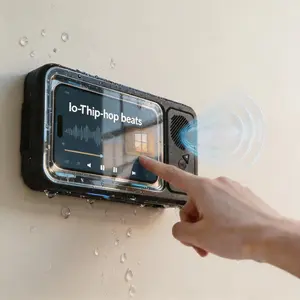 Waterproof Box Speaker with 360° Rotating Touch Screen Bluetooth-Compatible for Movies Music Hands-Free Call Phone Holder Compact for Bathroom Kitchen Sink - Wireless, Cellphone Stand
