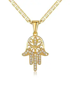 Vintage Rhinestone Decor Hamsa Hand Design Pendant Necklace for Women, Street Trendy Exquisite Necklace, Chic Jewelry As Gift for Girlfriend, Bling Stylish Accessory