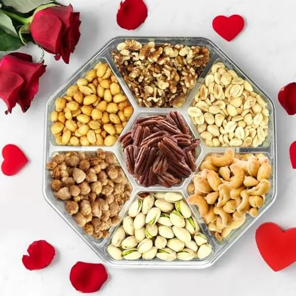 Gourmet Nuts Gift Basket Snack Boxed Set - Delicious Mixed Flavor Bite Collection, 7-Sectional Platter with Freshly Roasted Nuts for Ambient Temp Storage