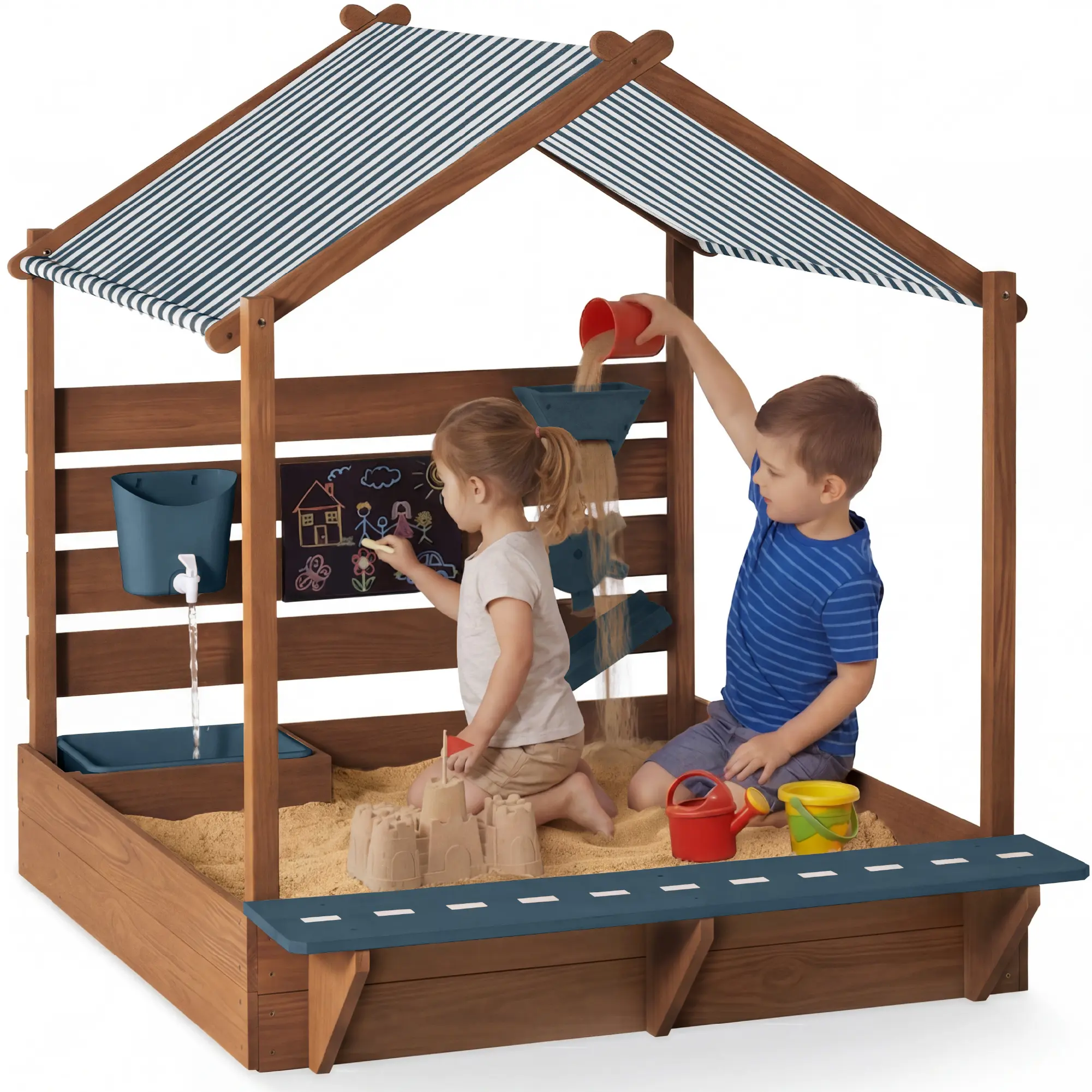 Best Choice Products Deluxe Wooden Sandbox with Canopy, Water Table, Bench Seat, Outdoor Kids Playset