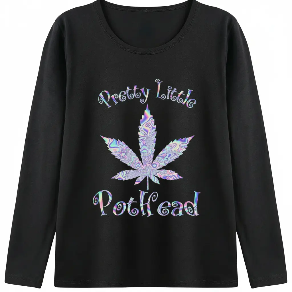 Funny Graphic Tee Women Pretty Little Pothead Holographic Weed Leaf Edgy Stoner Humor Relaxed Fit Comfy Top Stoner Gift Trendy Tee