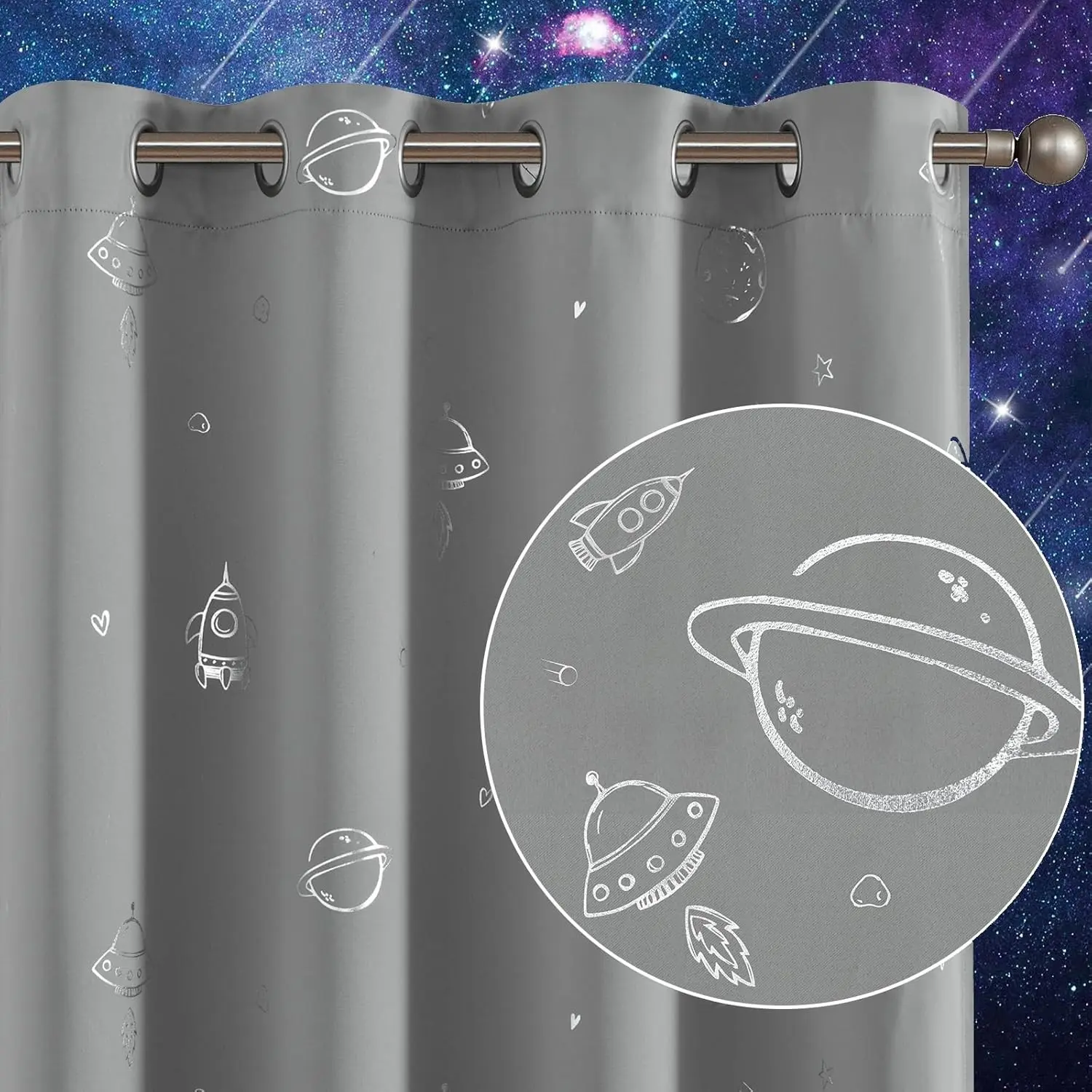 Grey Blackout Kids Curtains for Boys Space Theme 84 Inches 2 Panels | Grommet Top, Silver Foil Print Drapes for Girls Bedroom Nursery, Window Treatments Set for Toddler Room, Little Ones' Rooms