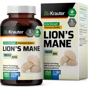 BioKrauter Lion's Mane Supplement 1800mg - 250 Capsules for Brain Health & Cognitive Function - Natural Vegan Healthcare
