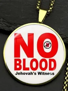 Jehovah's Witnesses Medical Warning Pendant Necklace, Gold-toned Zinc Alloy with Transparent Glass, 'Refuse Blood Transfusion' Statement Jewelry.
