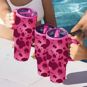 1pc/40oz Trendy Pink Cow Print Insulated Tumbler w/ Handle. Stainless Steel Travel Mug Keeps Cold 24H, Hot 12H. Perfect Summer Pool Cup, Vacation Essential & Daily Hydration Gift for Girls.