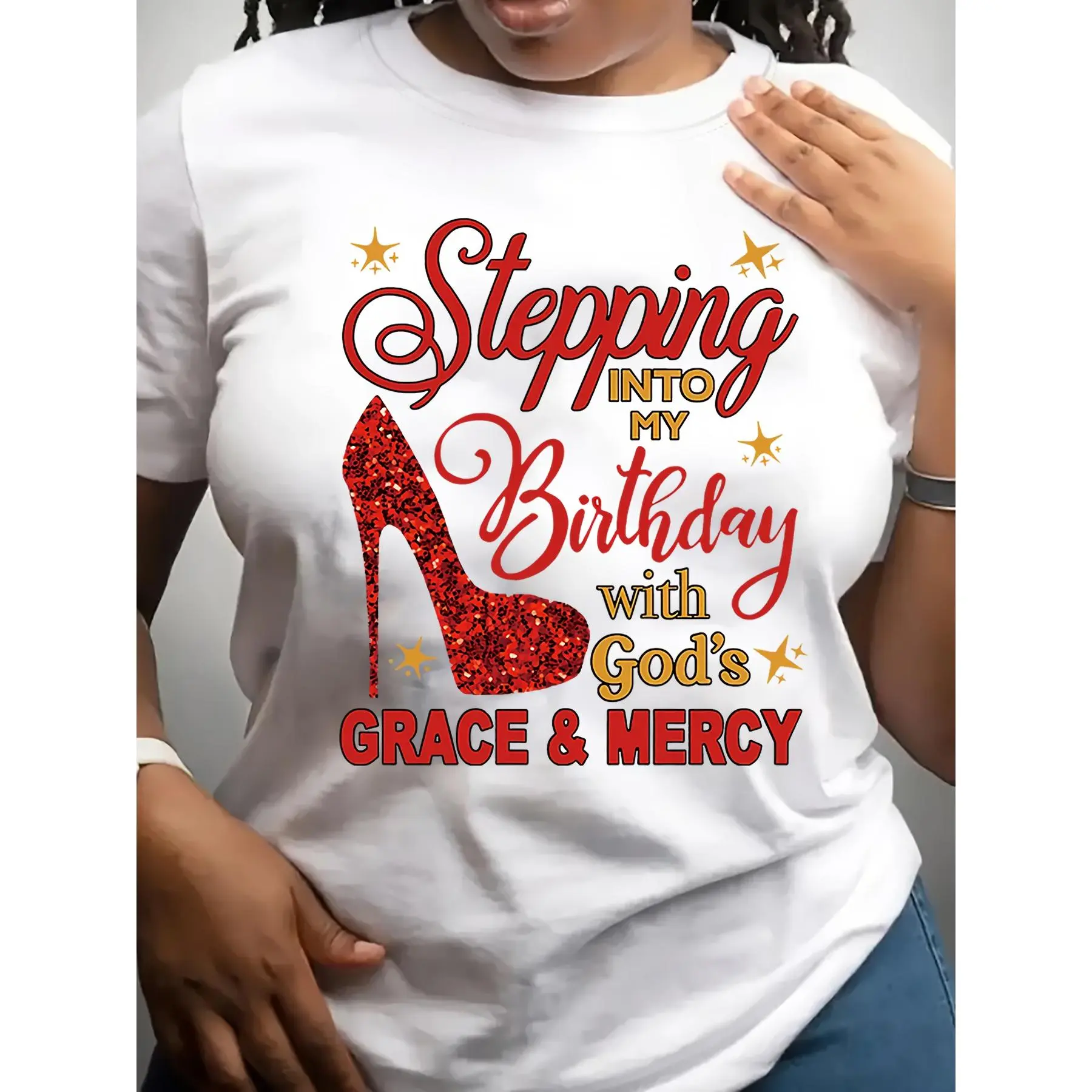 Women's Inspirational Birthday Graphic T-Shirt, Casual Short-Sleeve Crew Neck with High Heel Print, Polyester Knit Fabric, Shortsleeve, Tshirt