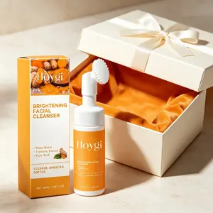 Hoygi Turmeric Brightening Foam Facial Cleanser with Built-In Silicone Massage Brush - Infused with Rose Water, Turmeric Extract, Kojic Acid - Hydrating, Deep Cleansing, Fades Dull Uneven Tone, Brightens, Softens Skin for Daily Skincare Face Wash