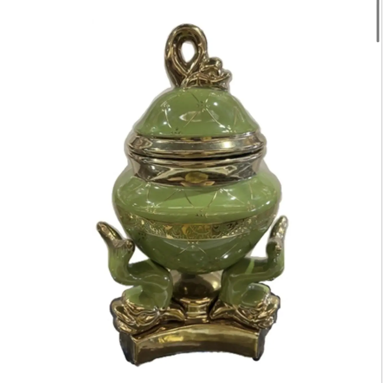 Sopera for Inle - Green Ceramic Urn with Gold Accents and Frog Base - Decorative Funeral Memorial