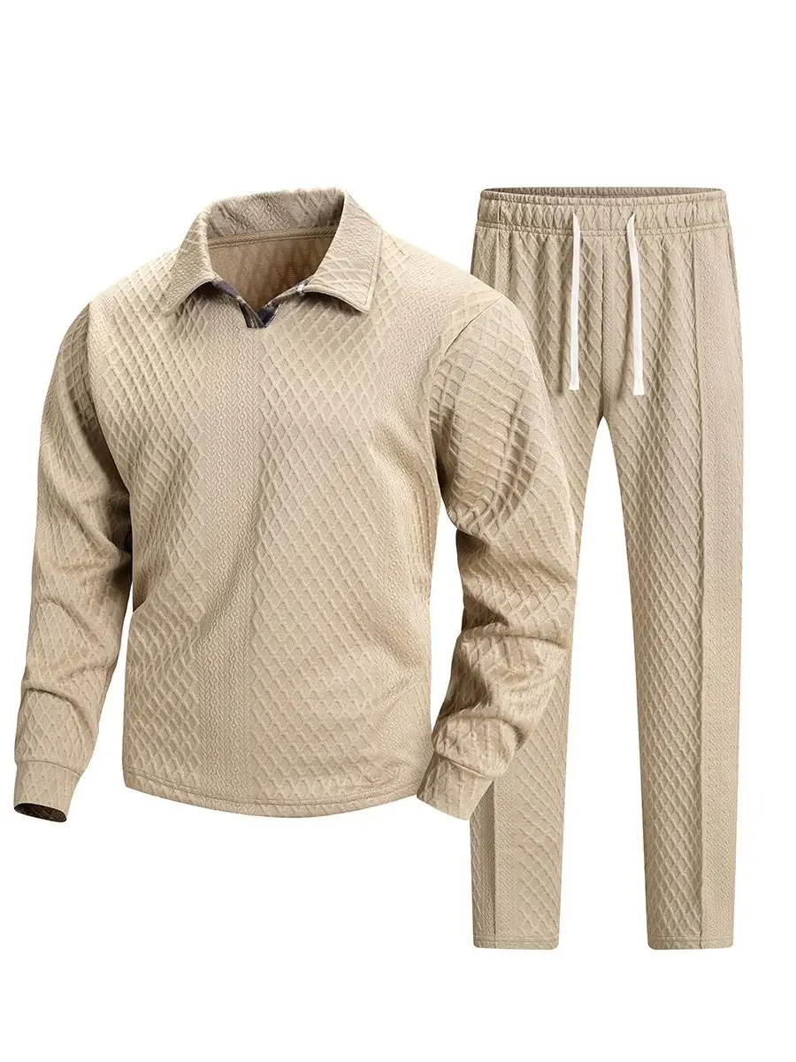 Men's 2-Piece Tracksuit Set, Smart Casual Waffle Jacquard Outfit with Long Sleeve Collared Polo and Straight-Leg Ankle Pants, Elastane, Drawstring, Loose Fit, Polyester Blend, Ankle Length, Jacquard Weave, Below The Ankle